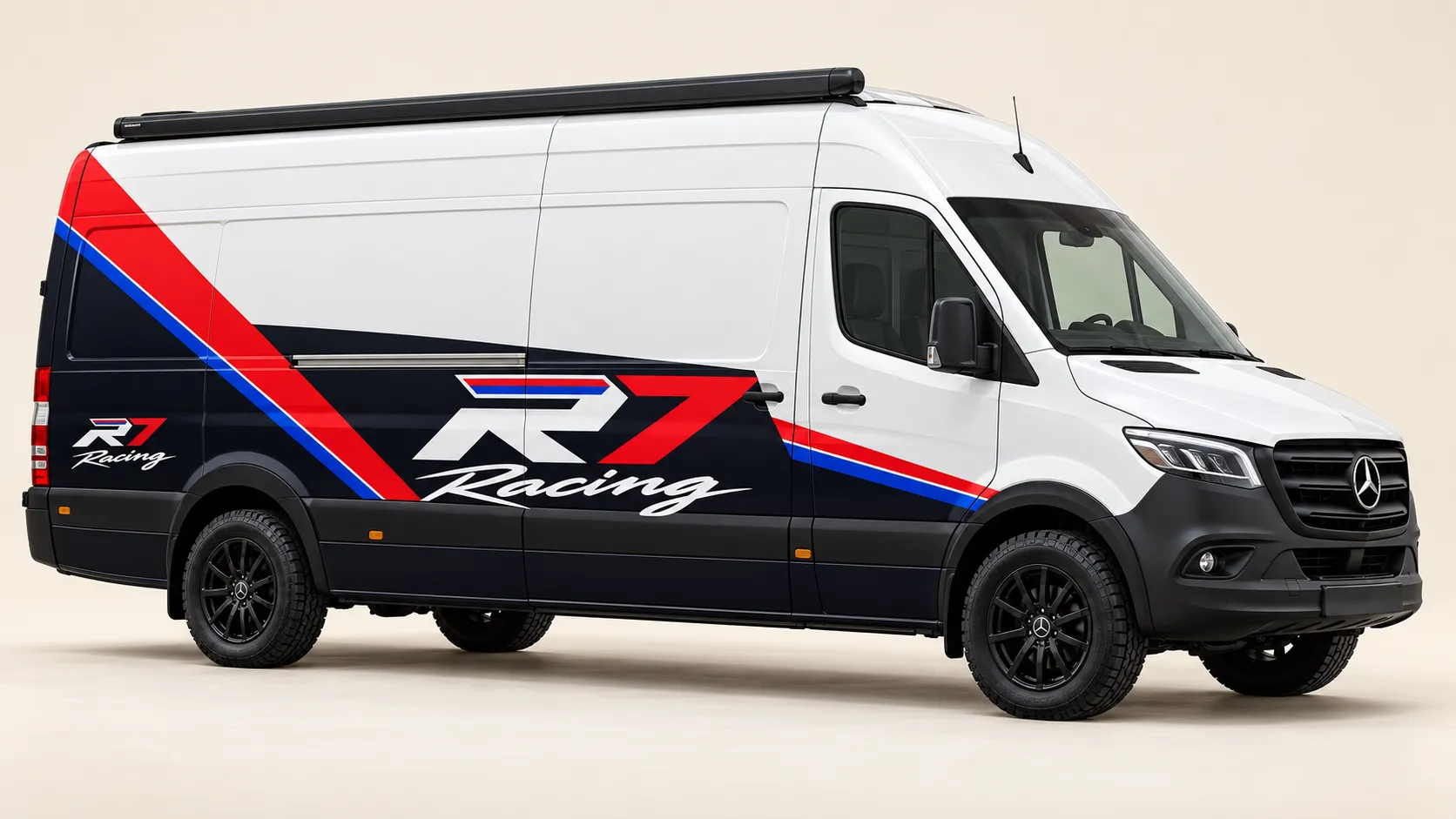 Concept of the Rogue 7 Racing support van in black, white, red and blue team livery